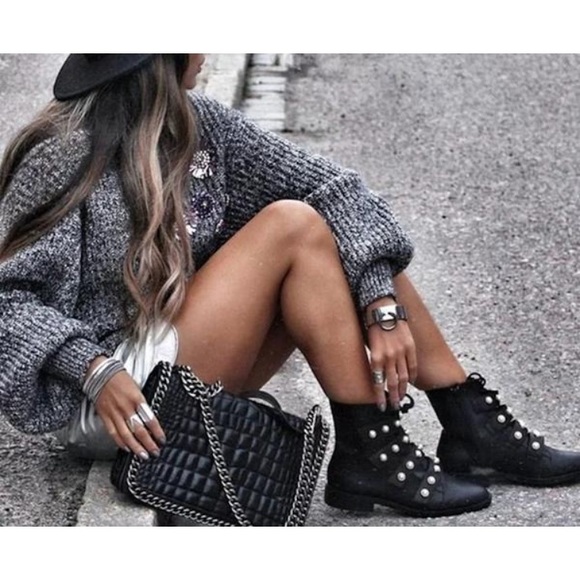 Zara Combat Faux Pearl Strap Ankle Boots - Picture 6 of 8